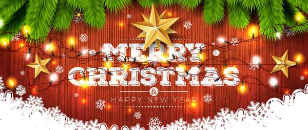 Веселого Рождества Нового Года Золотым Стеклянным Шаром Звездой Сосновой Ветвью — стоковый вектор