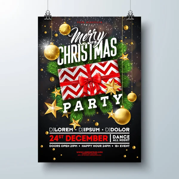 Christmas Party Flyer Illustration Mit Geschenkbox Goldstern Glaskugel Und Typografie — Stockvektor