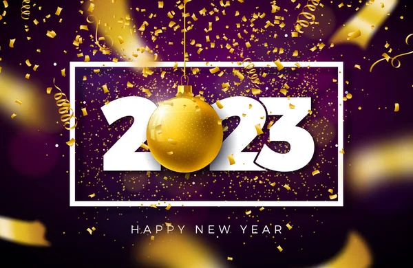 Happy New Year 2023 Illustration Gold Ornamental Ball Falling Confetti — Stock Vector