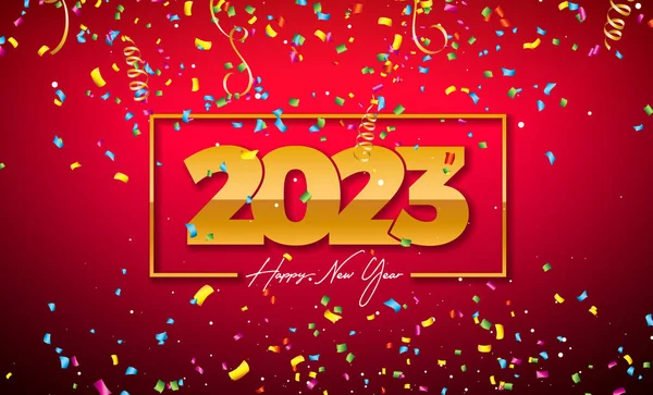 Happy New Year 2023 Illustration Gold Number Falling Confetti Shiny — Stock Vector