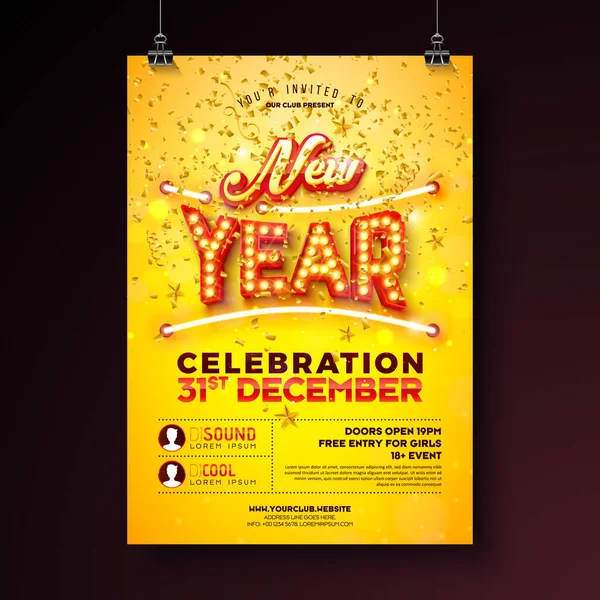 2023 Nieuwjaar Party Poster Template Illustratie Met Gloeiende Neon Lichten — Stockvector