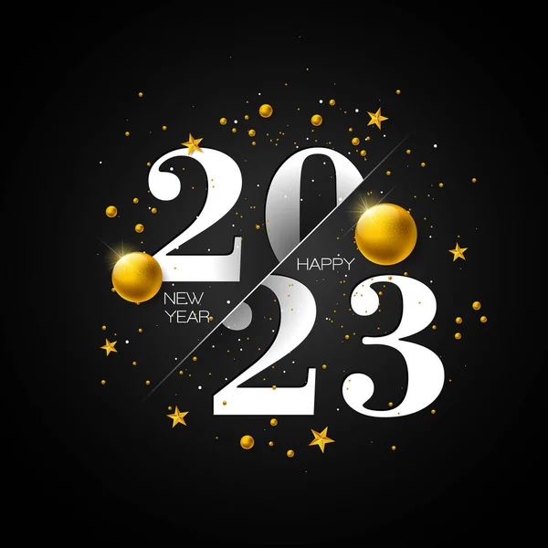 2023年新年快乐图片说明与黄金装饰球和字体租赁的黑色背景 适用于传单 庆祝海报的病媒圣诞假期设计 — 图库矢量图片