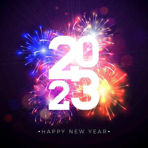 Frohes Neues Jahr 2023 Illustration Mit Glänzender Zahl Auf Feuerwerkshintergrund — Stockvektor