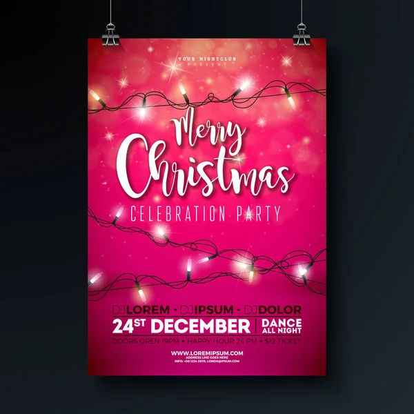 Festa Natale Flyer Illustrazione Con Ghirlanda Lampadine Tipografia Lettering Sfondo — Vettoriale Stock