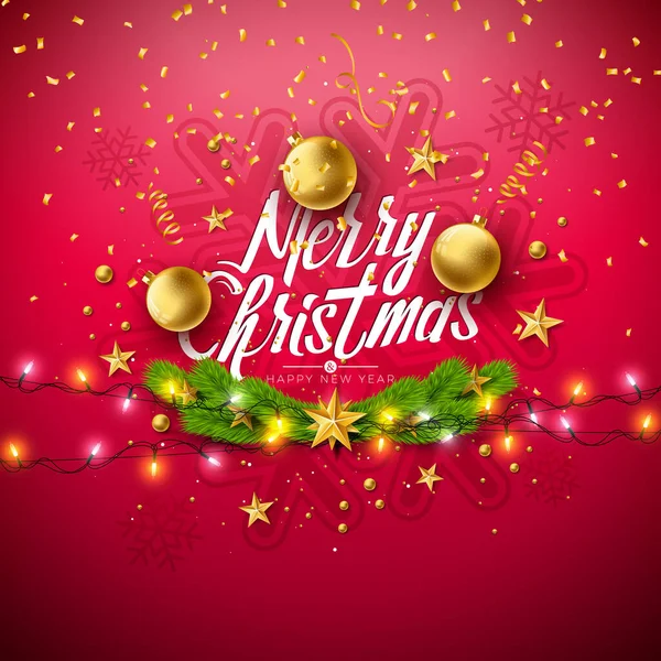圣诞快乐 新年快乐 金色玻璃球 星光花环 红色背景 派对邀请函或宣传单的病媒假期设计 — 图库矢量图片