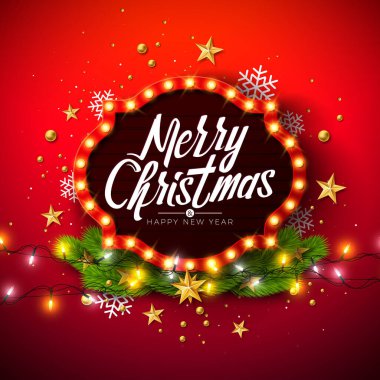 Mutlu Noeller ve Mutlu Yeni Yıl İllüstrasyonları. Typography Letter on Light Tabelasında ve Pine Branch on Red Background 'da. Kutlama Kartı, Parti Daveti veya Tanıtım Sancağı için Vektör Tatil Tasarımı