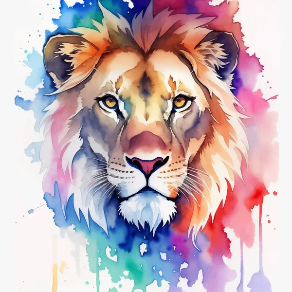 Illustration Animale Aquarelle Avec Beau Lion Sauvage Sur Fond Blanc — Image vectorielle