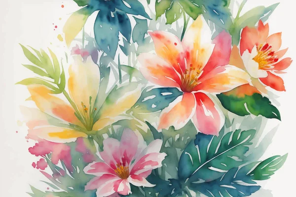 Aquarell Tropische Blumen Illustration Mit Bunten Farbspritzern Auf Hellem Hintergrund — Stockvektor