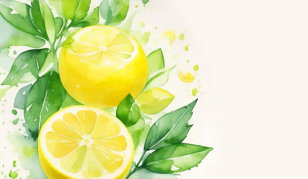 Ilustração Fruta Limão Madura Aquarela Com Folhas Verdes Respingo Tinta — Vetor de Stock