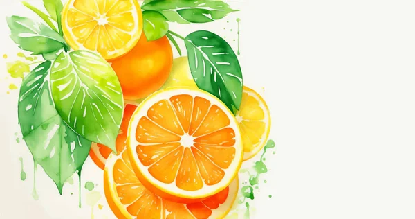 Illustrazione Frutta Arancione Matura Acquerello Con Foglie Verdi Spruzzi Vernice — Vettoriale Stock