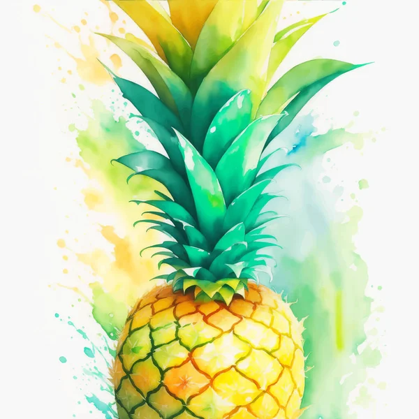 Watercolor Ripe Pineapple Fruit Illustration Green Leaves Colorful Paint Splash — Stock Vector