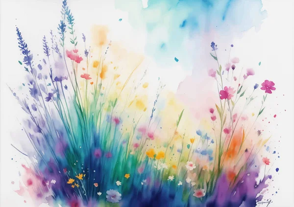 Λιβάδι Ακουαρέλα Πολύχρωμο Εικονογράφηση Λουλούδι Καλοκαίρι Flower Field Χρώμα Splash — Διανυσματικό Αρχείο