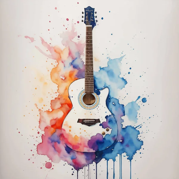 Musik Tema Illustration Med Gitarr Och Färg Splash Vit Bakgrund — Stock vektor