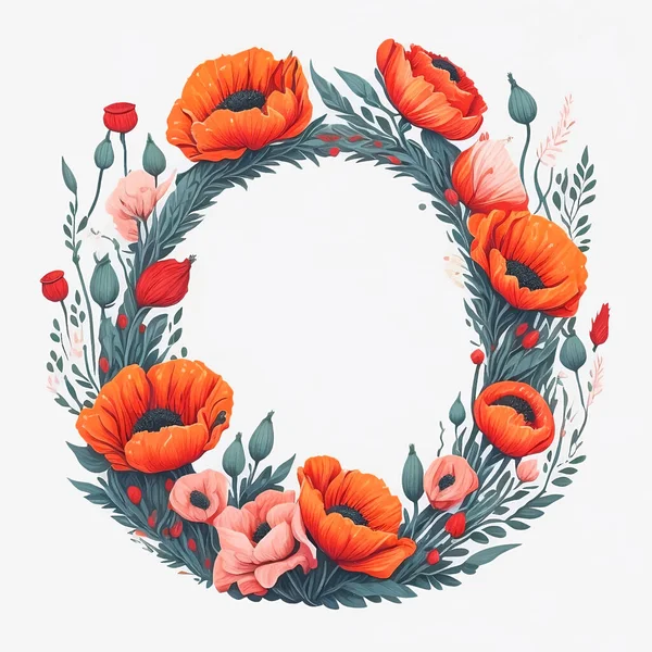 Wildflower Wreath Watercolor Style Red Poppies Flower Green Leaf White — стоковий вектор