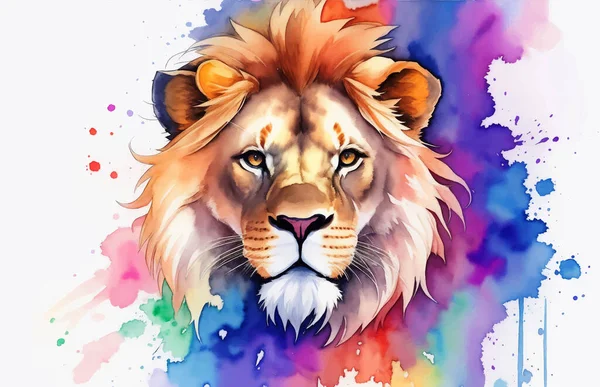 Illustration Animale Aquarelle Avec Beau Lion Sauvage Sur Fond Blanc — Image vectorielle