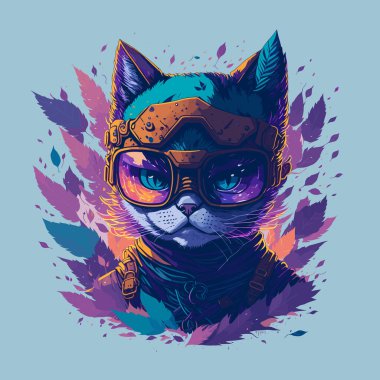 Temiz Arkaplanda Çiçekli ve Güneş Gözlüklü Gelecekçi Kedi Kafası Çizimi. Tişört, Poster, Banner, Davetiye veya Kapak İçin Çiçek Elementleri ile Klasik Boyama Tasarımı. Oluşturulmuş