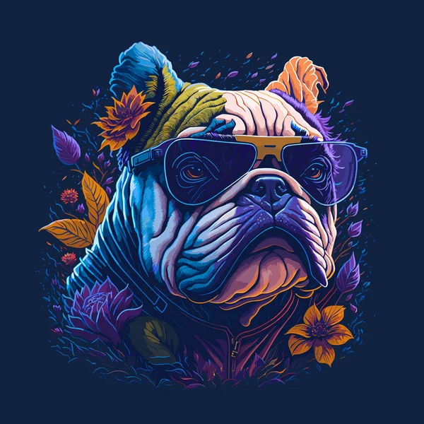Futurystyczny Angielski Bulldog Head Ilustracja Kwiatów Okularów Przeciwsłonecznych Czystym Tle — Wektor stockowy