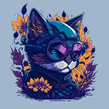 Temiz Arkaplanda Çiçekli ve Güneş Gözlüklü Gelecekçi Kedi Kafası Çizimi. Tişört, Poster, Bayrak, Davetiye veya Kapak İçin Çiçek Elementleri ile Vektör Vintage Boya Tasarımı