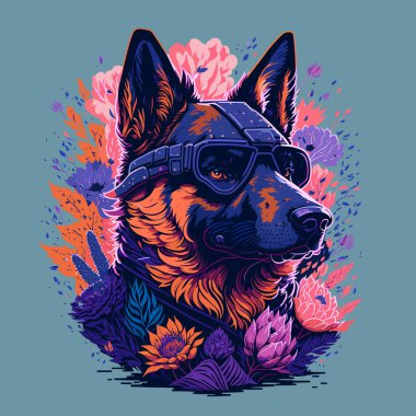 Temiz Arkaplanda Çiçekli ve Güneş Gözlüklü Geleceğin Alman Çoban Köpeği Kafa İllüstrasyonu. Tişört, Poster, Bayrak, Davetiye veya Kapak İçin Çiçek Elementleri ile Klasik Boyama Tasarımı