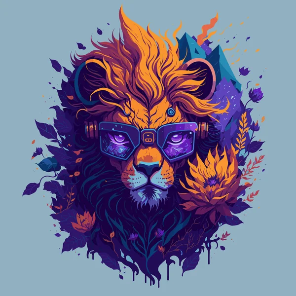 Futuriste Tête Lion Avec Des Fleurs Des Lunettes Soleil Sur — Image vectorielle