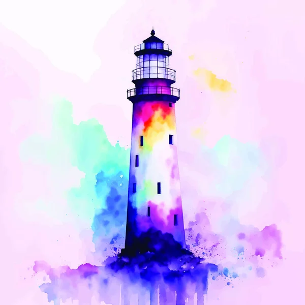 Akvarel Lighthouse Ilustrace Bouřlivým Mořem Řítící Vlny Design Akvarelle Stylu — Stockový vektor