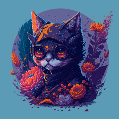 Temiz Arkaplanda Çiçekli ve Güneş Gözlüklü Gelecekçi Kedi Kafası Çizimi. Tişört, Poster, Bayrak, Davetiye veya Kapak İçin Çiçek Elementleri ile Vektör Vintage Boya Tasarımı