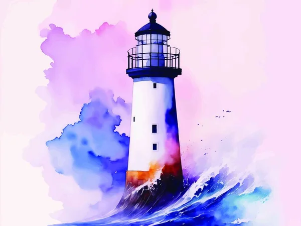 Watercolor Lighthouse Illustration Stormy Sea Crashing Waves Aquarelle Style Design — Stock Vector
