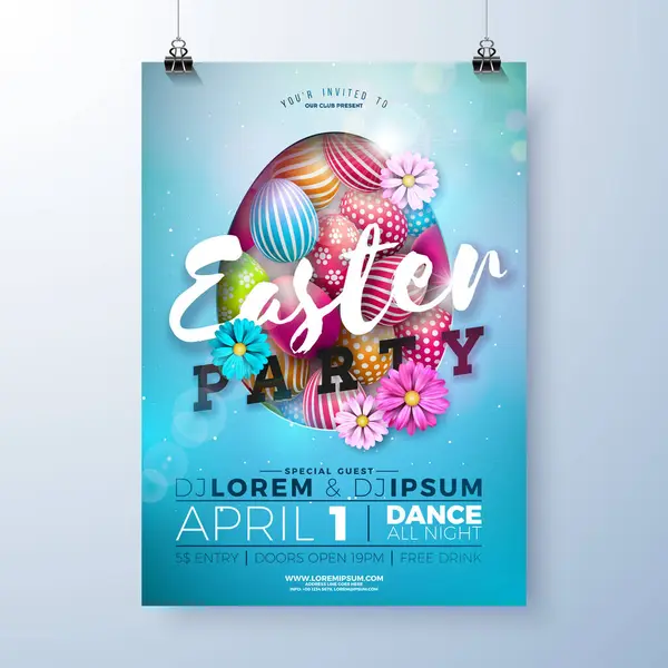 Pasen Party Flyer Illustratie Met Beschilderde Eieren Bloemen Een Blauwe — Stockvector