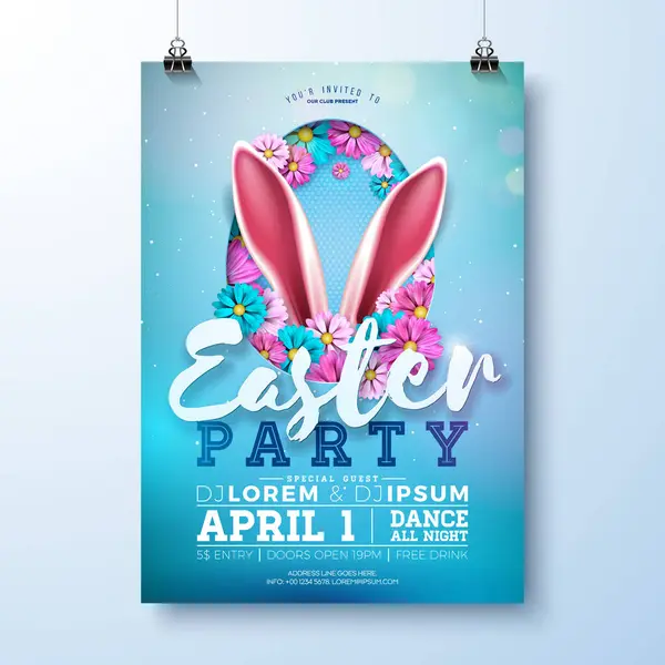 Pasen Party Flyer Illustratie Met Beschilderde Eieren Konijnenoren Bloemen Een — Stockvector