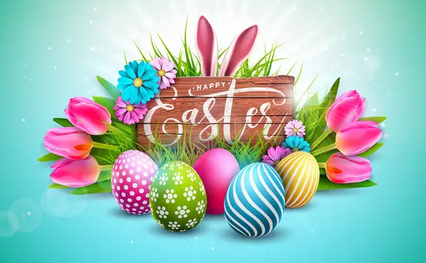 Mutlu Paskalya Tatili Tasarımı Boyalı Yumurta Lale Çiçeği Eski Ahşap — Stok Vektör