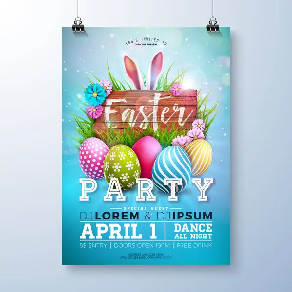 Pasen Party Flyer Illustratie Met Beschilderde Eieren Konijnenoren Bloemen Sky — Stockvector