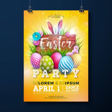 Easter Party Flyer Illustration with Boyalı Yumurtalar, Tavşan Kulakları ve Çiçekler Doğa Sarı Arkaplanda. Vektör İlkbahar Dini Bayram Kutlama Posteri Sancak ya da Davet Şablonu