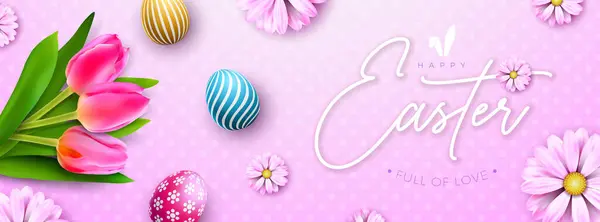 Happy Easter Holiday Design Met Kleurrijk Beschilderd Lente Tulpenbloem Roze Rechtenvrije Stockillustraties