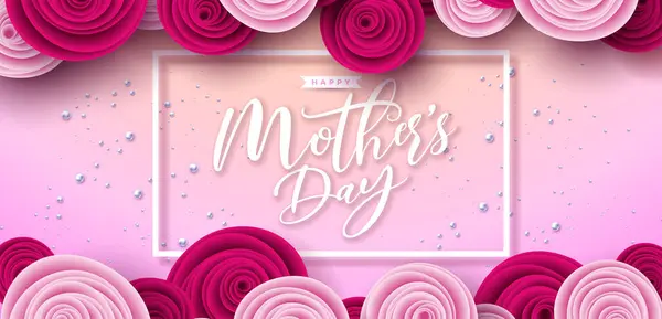 Szczęśliwego Dnia Matki Baner Lub Pocztówka Papieru Serca Kwiat Róży — Wektor stockowy