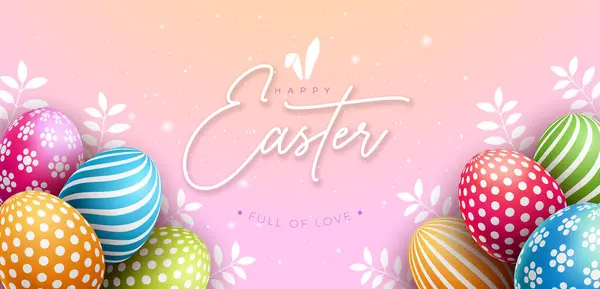 Happy Easter Banner Design Kolorowe Malowane Jajka Liternictwo Jasnoróżowym Tle Grafika Wektorowa