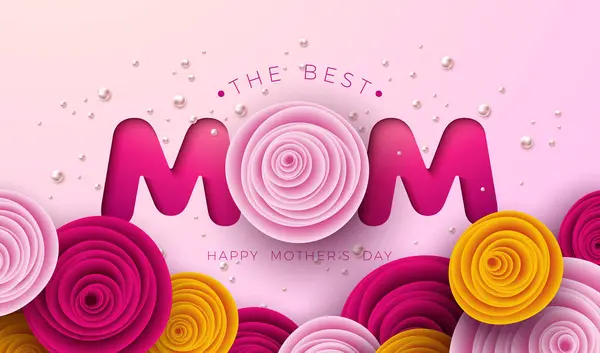 Pembe Arkaplanda Renkli Gül Çiçekli Mutlu Anneler Günü Kutlama Kartı — Stok Vektör