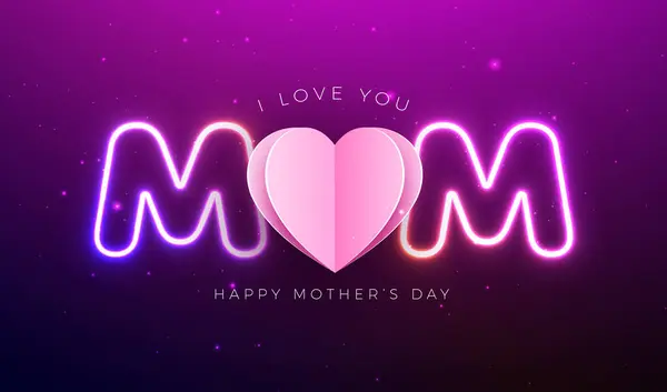 Szczęśliwego Dnia Matki Projekt Kartki Różowym Papierem Serce Świecące Neonowe Wektory Stockowe bez tantiem