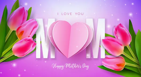 Happy Mother Day Banner Ansichtkaart Met Spring Tulip Flower Paper Stockillustratie