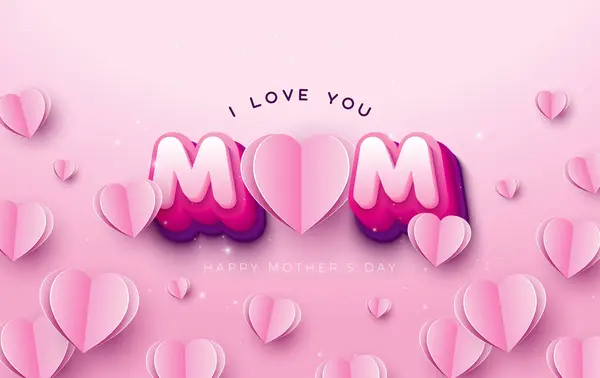Gelukkige Moederdag Wenskaart Met Paper Hearts Typografie Lettering Pink Background — Stockvector