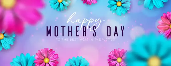 Szczęśliwego Dnia Matki Baner Wiosną Kwiat Typografia Litery Niebieskim Tle — Wektor stockowy