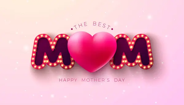母亲节快乐贺卡的设计与心和发光灯泡字体在紫罗兰背景下 香港邮政以 爱明信片 象征庆祝母亲节 — 图库矢量图片