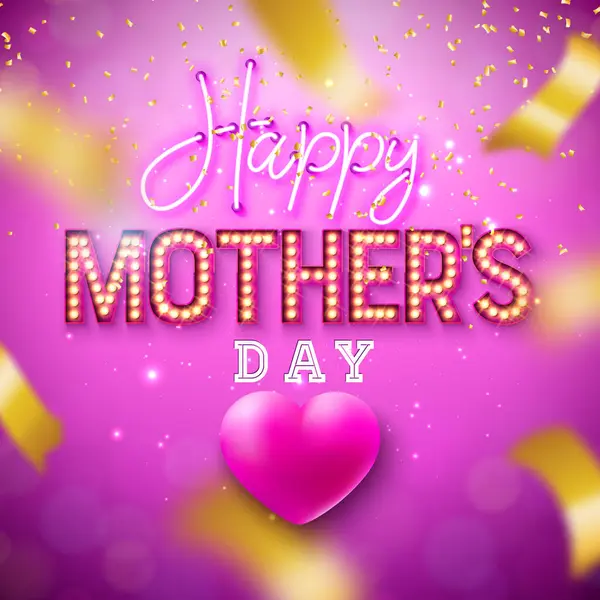 Szczęśliwego Dnia Matki Projekt Kartki Okolicznościowej Sercem Świecące Neonowe Światło Wektor Stockowy