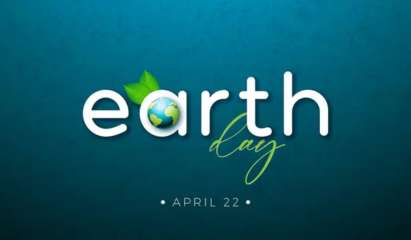 Happy Earth Day Illustrazione Con Pianeta Foglie Verdi Sfondo Blu Vettoriale Stock