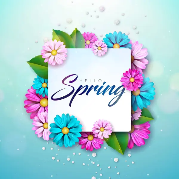 Hello Spring Nature Theme Illustrazione Con Fiori Colorati Foglie Verdi Vettoriale Stock