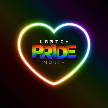 Gurur Ayı LGBTQ İllüstrasyonu Parlayan Gökkuşağı Neon Işık Kalbi ve Siyah Arkaplanda Kağıt Etiket. Aşk, Aşk İnsan Hakları ya da Çeşitlilik Konseptidir. Kartpostal için Vektör LGBT Olay Paneli Tasarımı