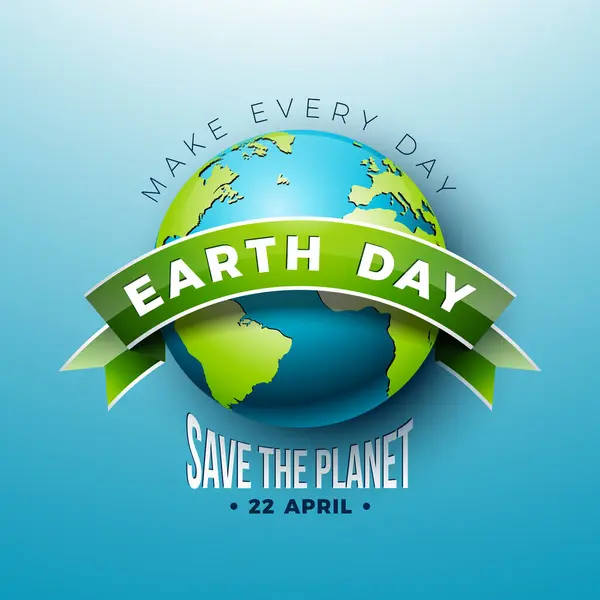 Happy Earth Day Illustration Planet Και Κορδέλα Μπλε Φόντο Σώσε Διανυσματικά Γραφικά