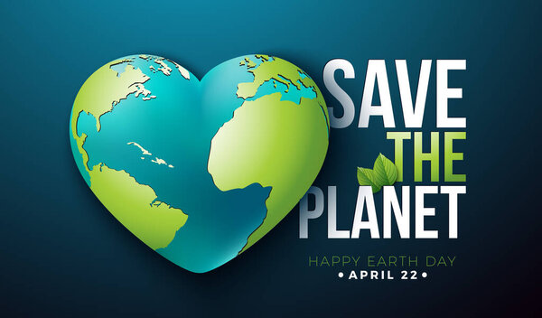 "Earth Day Illustration with Planet in the Heart on Blue Background". Карта мира от 22 апреля Экологическая и экологическая концепция с типографским письмом. Векторный дизайн для открытки, баннера, поздравительной открытки