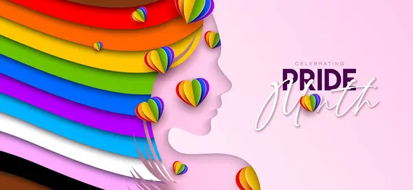 Pride Month Lgbtq Illustration Rainbow Heart Colorful Flag Woman Face Ilustração De Stock