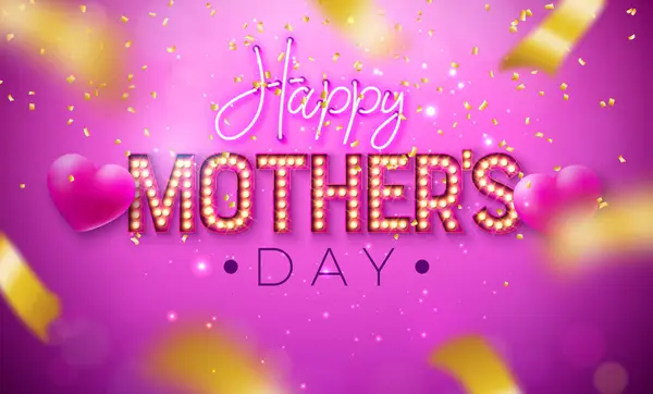 Szczęśliwego Dnia Matki Projekt Kartki Okolicznościowej Sercem Świecące Neonowe Światło — Wektor stockowy