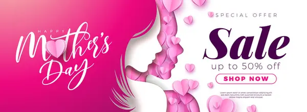 Mothers Day Sale Banner Design Paper Heart Woman Face Silhouette Vector Graphics